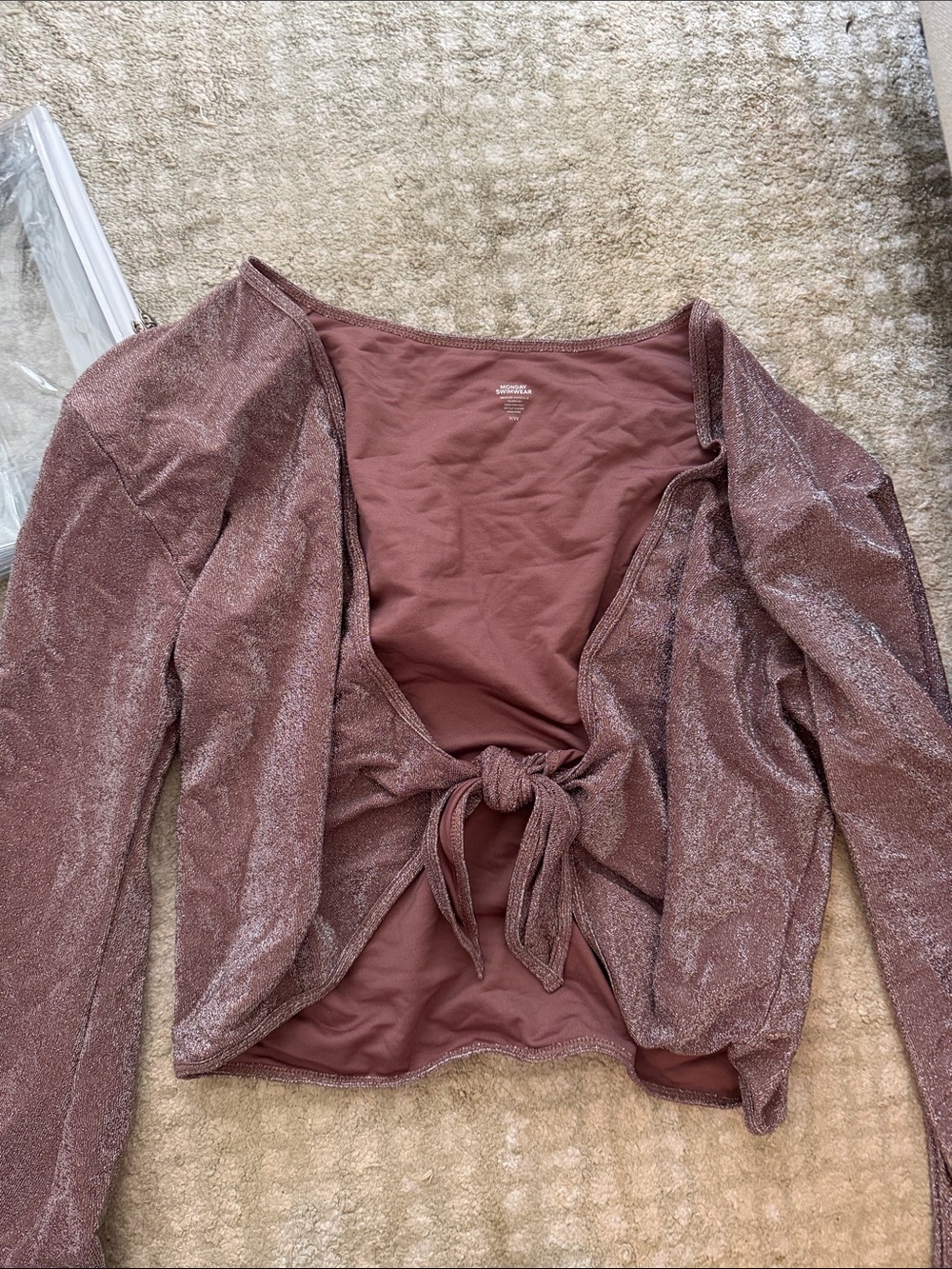 Monday Swimwear Tie-Front Metallic Mauve Long-Sleeve Women's coverup top